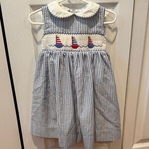 Boutique 24m seersucker Blue and White smocked toddler dress with sailboats